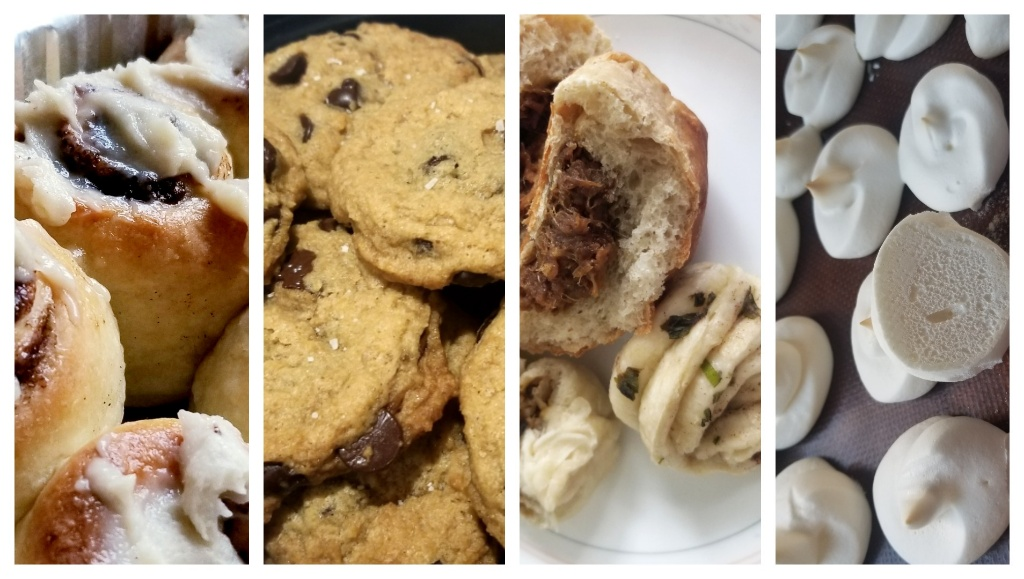 4 images: cinnamon rolls, chocolate chip cookies, char siu bao and scallion flower roll, aquafaba meringues